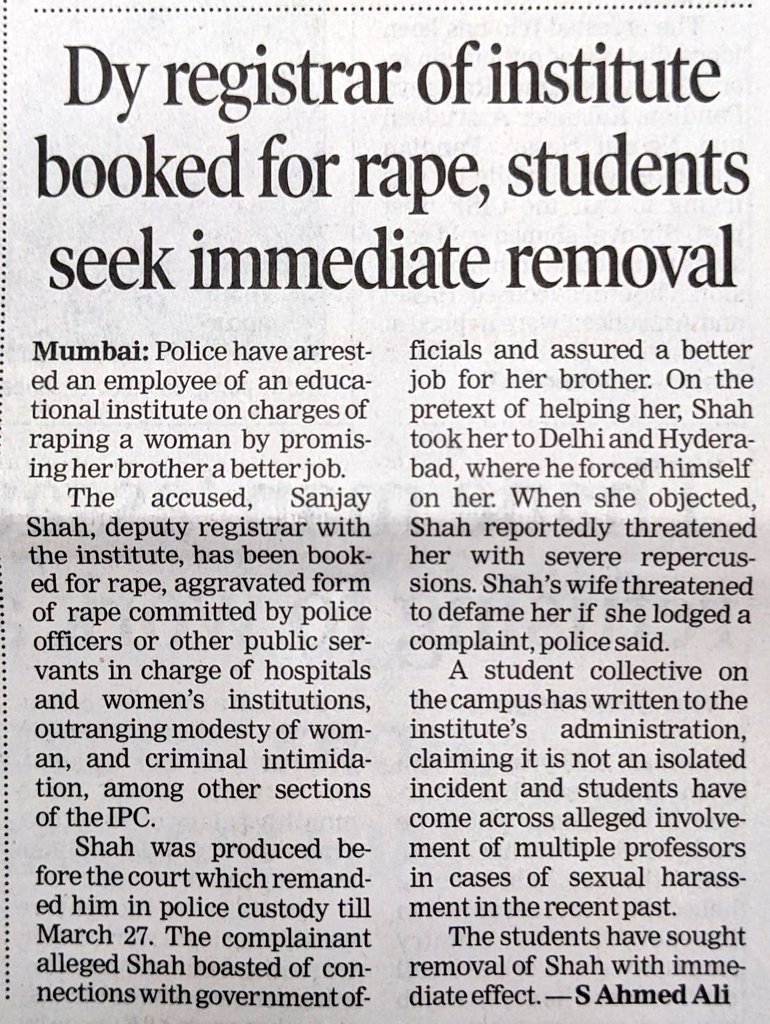 DeepikaBhardwaj's tweet image. Senior officer of TISS Mumbai arrested on charges of repeated Rape by female staff 

Woman alleged that this officer lured her on promise of job to her brother first then husband of her sister and then termination of her brothers job  

#TechnicalRape