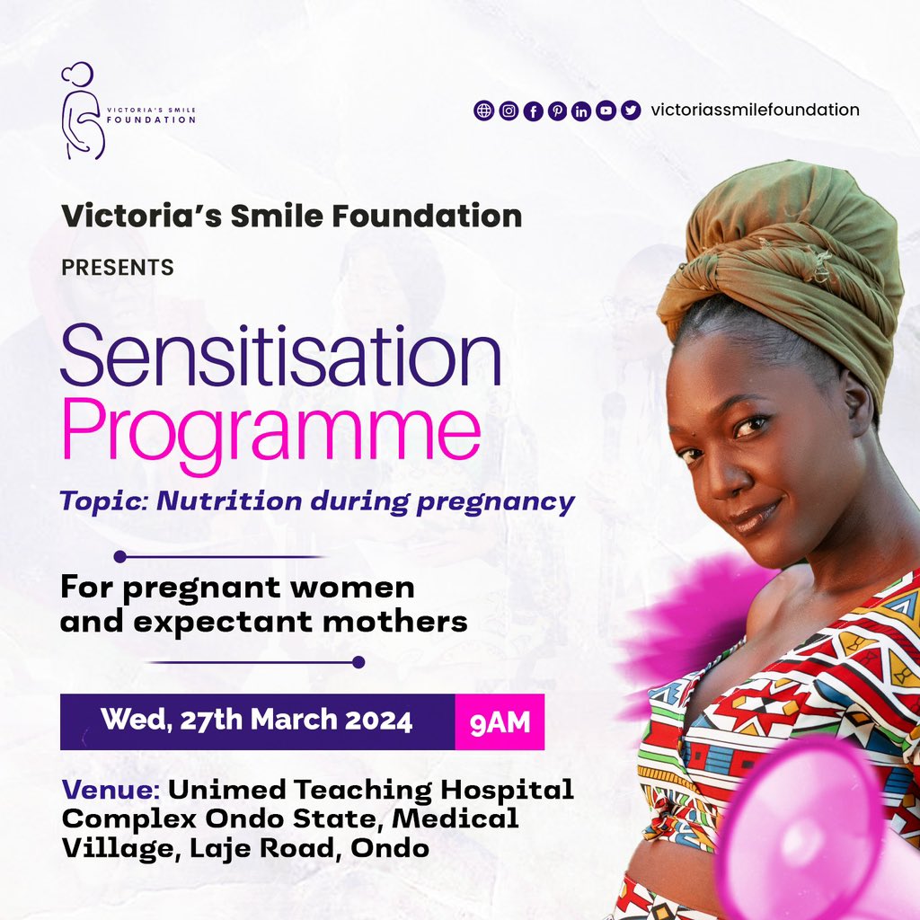 Good morning beautiful people!

We would be having a sensitization programme today and you’re all invited.

Join us
📍 UNIMED teaching hospital, Akure, Ondo state.
⏰ 9:00AM
🗓️ 27th February, 2024.

#charityworks #happymum #pregnancyjourney #ngosinnigeria #womensfoundation