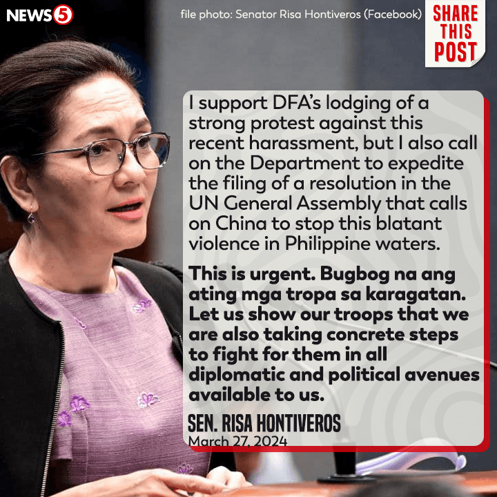 ’THIS IS URGENT. BUGBOG NA ANG ATING MGA TROPA SA KARAGATAN’

Suportado ni Sen. Risa Hontiveros ang aksyon ng Department of Foreign Affairs #DFA sa paghahain ng strongest protest kontra China #News5