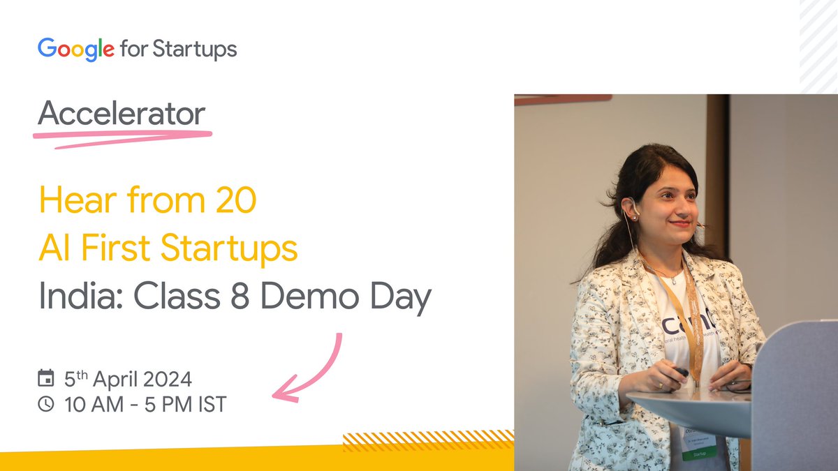 Inviting investors, ecosystem enablers and KOFs of the startup ecosystem to join us for the Demo Day of Class 8 of the <a href="/GoogleStartups/">Google for Startups</a> Accelerator: India Demo Day and celebrate the 20 most promising AI-first startups. RSVP here: goo.gle/GFSAIN8-DD

#AcceleratedWithGoogle