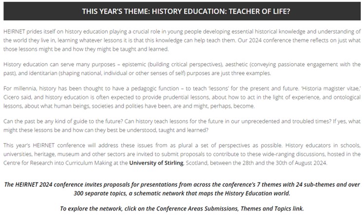 What is history education for? What differences can it make 4 our young people and societies? Join the discussions in Stirling @HEIRNET 28/30th August. Call for papers open at: heirnetonline.com/heirnet-2024-c… @EuroClio @CoE_Education @histassoc @1972SHP @HTENUK @VHistoryLab @thenhier