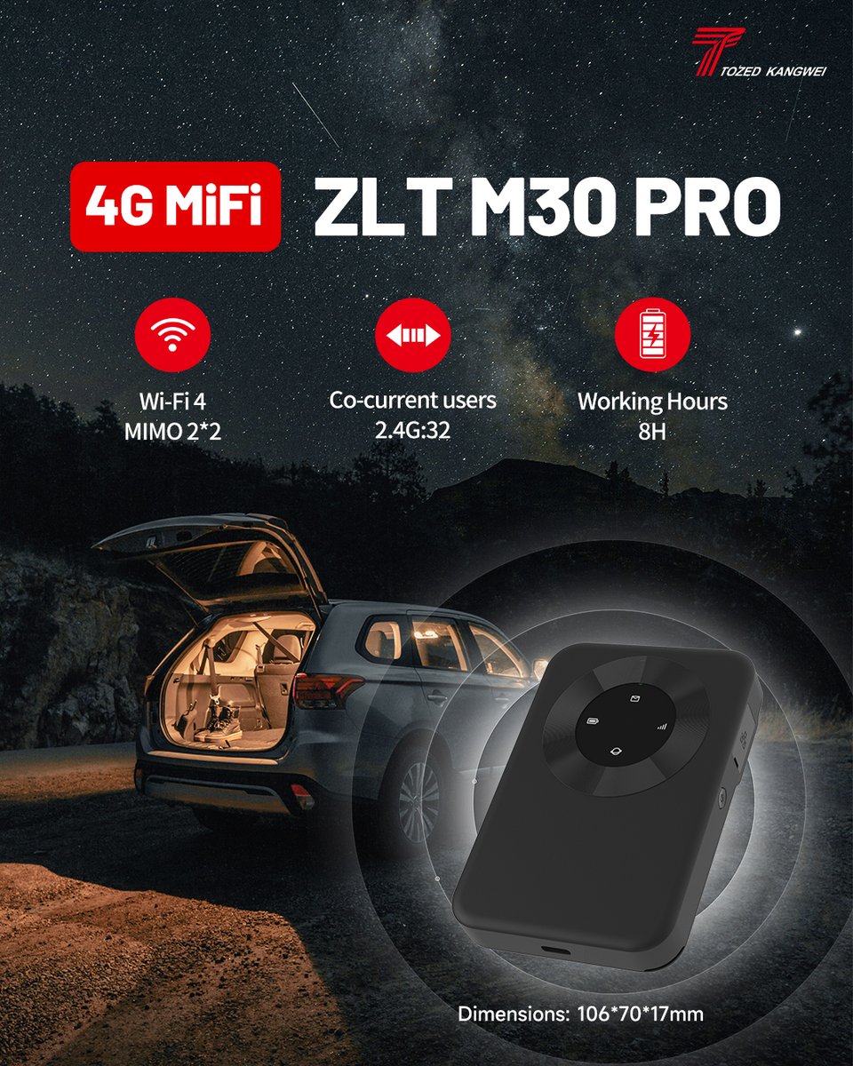 Long working hours, lasting connection fun——#4GMiFi ZLT M30 RPO, a friendly hotspot device for outdoor travel lovers!🚙🏕

#TozedKangwei #ConnecttoBetterFuture #4G #Connectivity