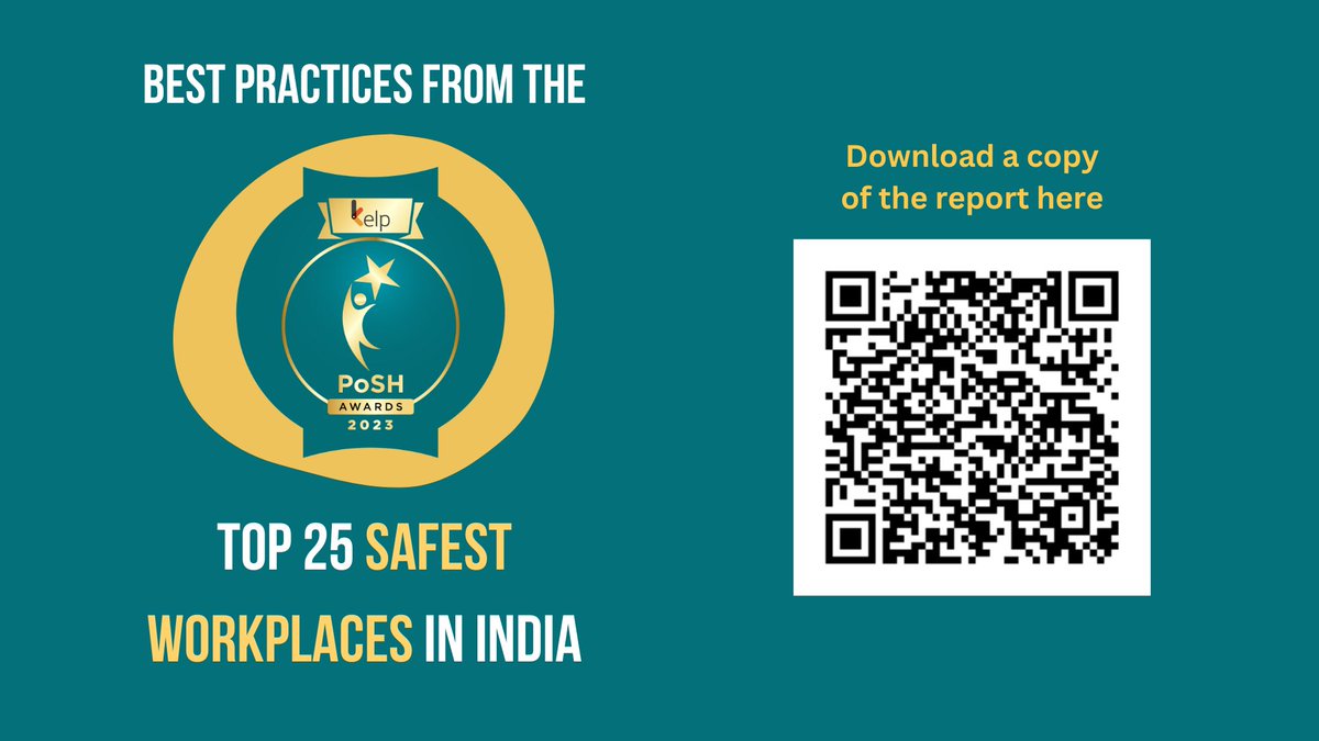 Kelp (formerly KelpHR) (@kelphr) on Twitter photo We're happy to share the best practices from the Kelp PoSH Awards 2023® - Top 25 Safest Workplaces in India. Scan the code to download the report.
To express interest in participating this year contact +91-9500129652, poshawards@kelphr.com, visit kelphrposhawards.com We're happy to share the best practices from the Kelp PoSH Awards 2023® - Top 25 Safest Workplaces in India. Scan the code to download the report.
To express interest in participating this year contact +91-9500129652, poshawards@kelphr.com, visit kelphrposhawards.com
