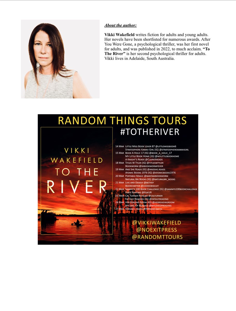 It’s my turn today on the blog tour for Vikki Wakefield‘s #ToTheRiver for @RandomTTours - I loved this book and I’m sure you will too!

#AMothersMusingsSunderland #AMakemMothersMusings #5StarRead #GrippingCrimeThriller #AustralianThriller @VikkiWakefield @noexitpress #betrayal