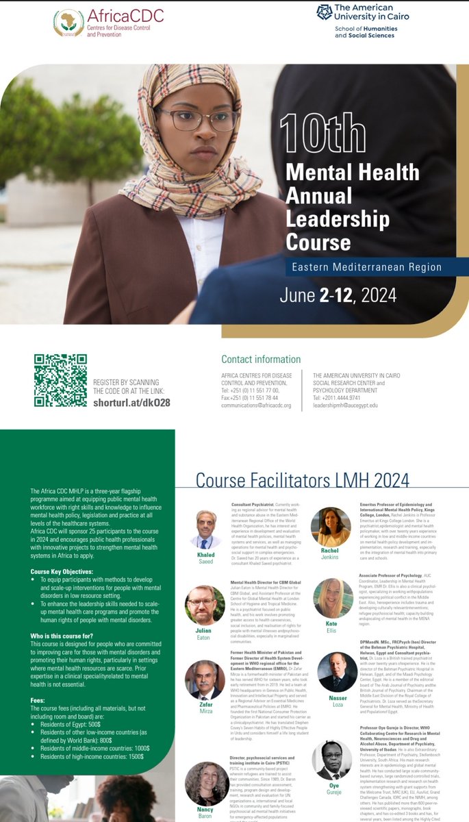 The American University in Cairo will run the 10th Annual Mental Health Leadership course from 02nd to 12th June 2024. @AfricaCDC will support a number of public health professionals from African Union Member States to participate in the course through their Mental Health…