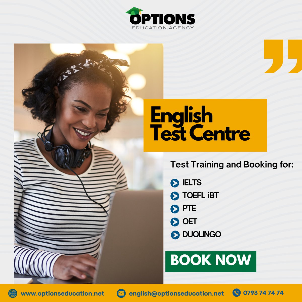 Ace Your English Tests with Us! Test Training & Booking for IELTS, PTE, TOEFL iBT, Duolingo, and OET. Call now: 0793 74 74 74 to Get Started. #studyabroad #englishtests