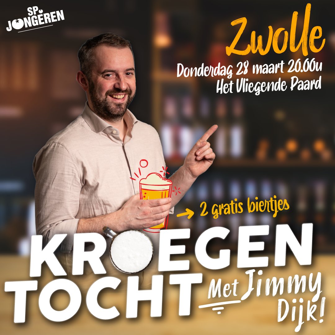Deze donderdag ga ik op stap in Zwolle in Het Vliegende Paard. Hier ga ik graag met je in gesprek over jouw ideeën over een betere wereld.

📍Het Vliegende Paard, Zwolle
🕗20:00 uur
📅28 maart
🍻Eerste 2 drankjes van ons

Kom langs en neem je vrienden mee!
doemee.sp.nl/op-stap-met-ji…