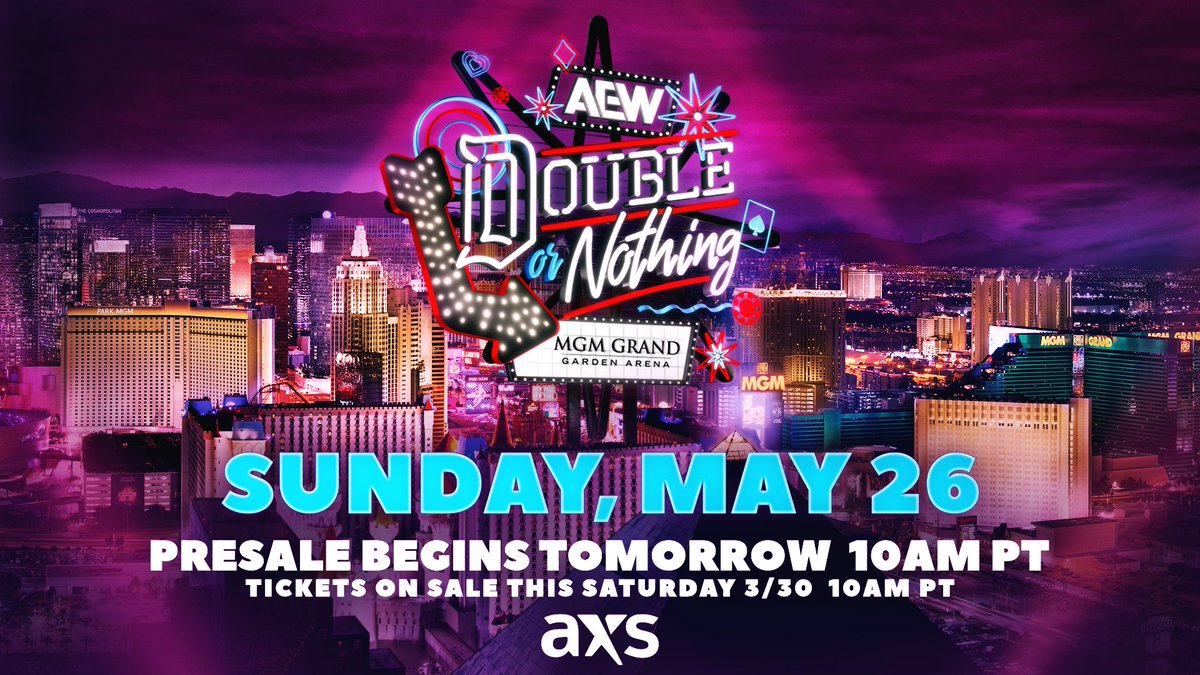 5 years ago, #AEW’s inaugural Double or Nothing PPV event in Las Vegas revolutionized the professional wrestling industry. Today, AEW CEO @TonyKhan announced that Las Vegas will once again host #AEWDoN on Sunday, May 26, from @MGMGrand Garden Arena Tickets on sale THIS SATURDAY!