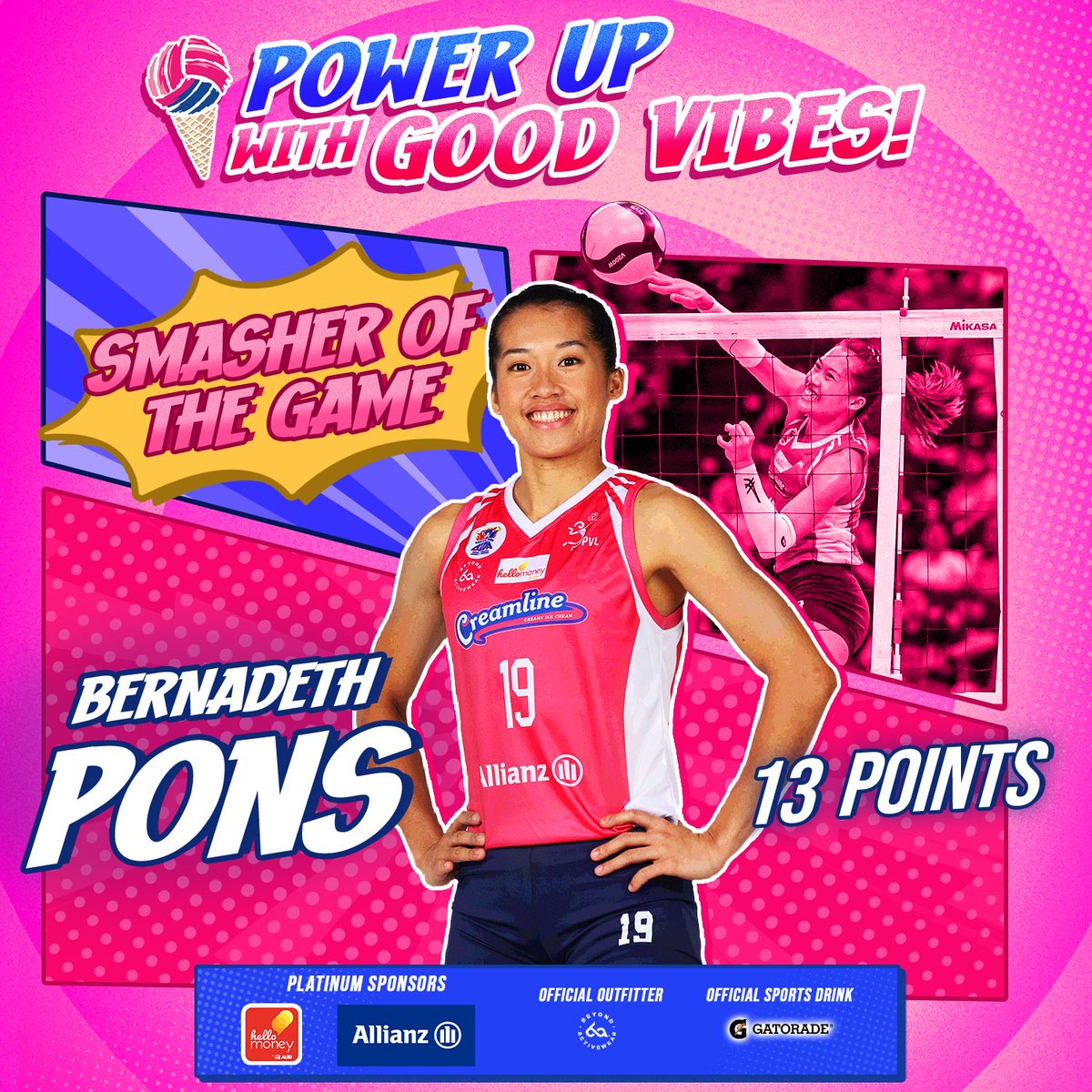 Bernadeth Pons the game changer! 💪🏻Maraming salamat sa hatid mong Good Vibes last night, Pons! Kaya naman, ikaw ang aming GV Smasher of the Game! 💖 #PowerUpWithGoodVibes #CreamlineCreamyIcecream #CreamlineCoolSmashers