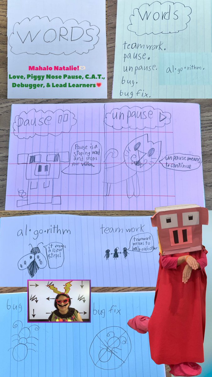 Celyendo's tweet image. Piggy Nose Pause was tickled pink yesterday when 3rd grader Natalie stopped her in the hall and said “Wait, I have something for you!” Out of her backpack came the most precious rainbow book, made for fun, during Spring Break. It featured goofy characters from class! #CSceleste💗