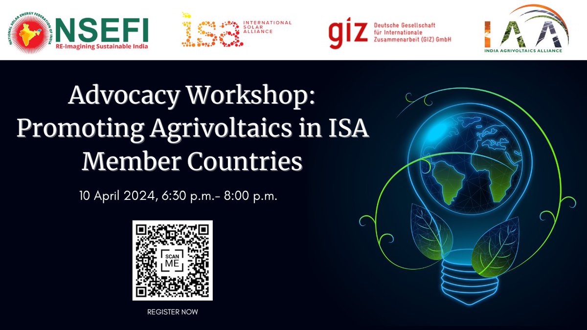 #NSEFI in collaboration with @isolaralliance , @giz_india , and @AgriPV_In , invites you to an Advocacy Workshop on 'Promoting Agrivoltaics in the ISA Member Countries.' 📅 Date: April 10, 2024 🕒 Time: 6:30 p.m. –8:00 p.m. (IST) 🖥️ Format: Virtual (Zoom) Join us as we delve…