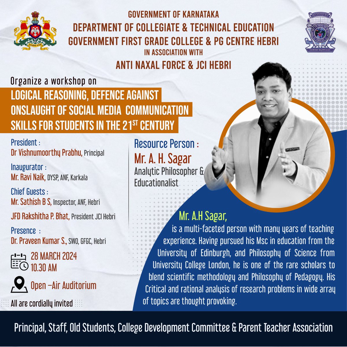 Tomorrow, I’ll be conducting an FDP from 9.30 to 11.00 am, and I’ll also address Students from GFGC Hebri and other Neighbouring Colleges at Govt First Grade College & Postgraduate Centre, Hebri in association with Anti Naxal Force & JCI Hebri.

#sagarahearthling #sagarah  #gfgc