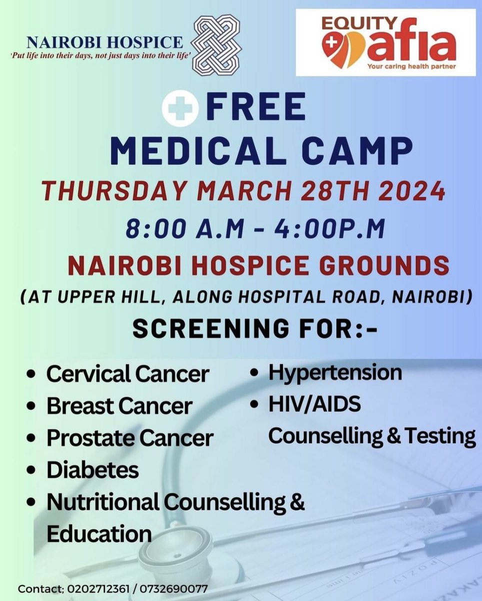 RT Free medical screening tomorrow from 8 am to 4 pm courtesy of @NairobiHospice at the Nairobi Hospice grounds in Upperhill. SHARE WITH FRIENDS AND FAMILY! #ScreeningSavesLives