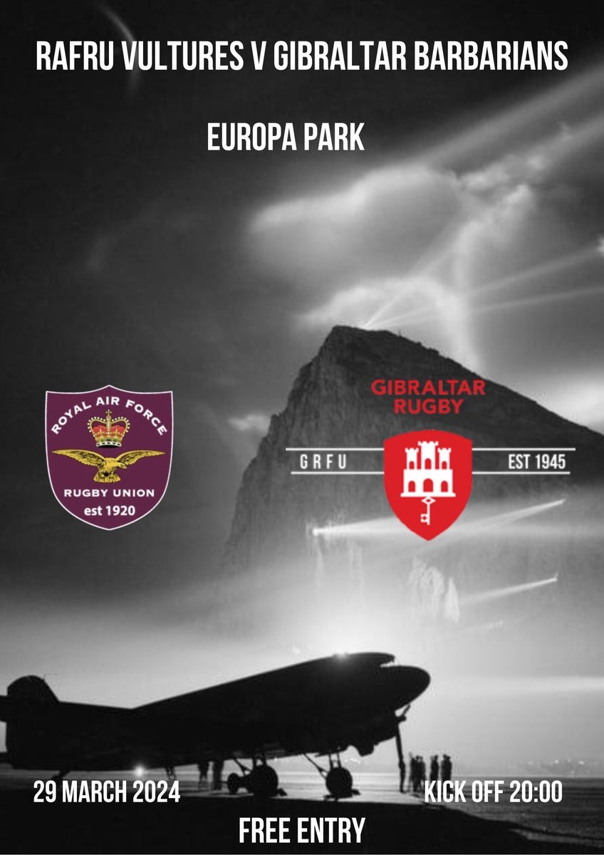 If you are looking for something to do this Friday, why not pop down to Europa Point and support the @RAFRU_Vultures 🏉🏟️ 📍Europa Park, Europa Point ⏰KO - 2000 🎟️Free entry @RAFRugbyUnion @GibraltarRugby #Rugby