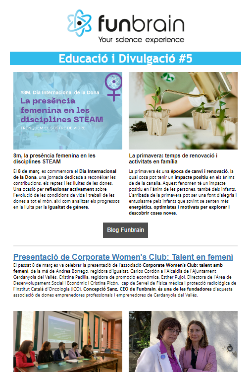 FunbrainBcn's tweet photo. 📝Ja disponible el #ButlletíFunbrain. El recull mensual de les novetats en educació i divulgació.

📃Noves entrades #BlogFunbrain
♀️ Analitzem la presència femenina en les STEAM pel #8M
📲Destacats XXSS

Inscriu-te al butlletí i estigues al dia! ✍️https://t.co/NuH6JDBdO4 https://t.co/gKHJITwMms
