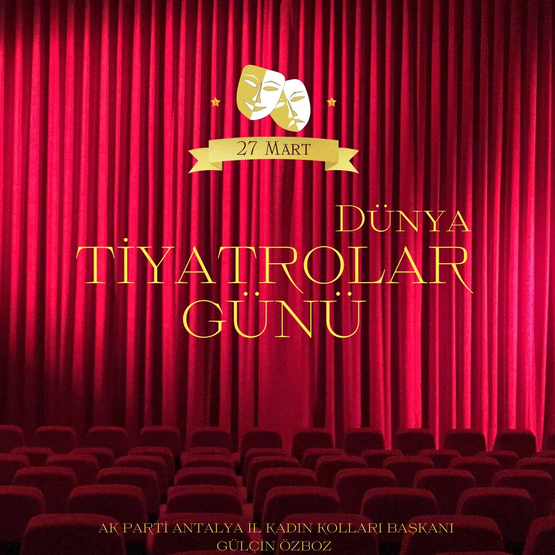 Perdelerin hic kapatılmaması, alkışların hiç susmaması dileği ile; Tüm tiyatro sanatçılarımızın ve tiyatoseverlerin 27 Mart Dünya Tiyatro Günü kutlu olsun…
#27MartDünyaTiyatroGünü 
<a href="/aysekesir/">Ayşe Keşir 🇹🇷🇹🇷🇹🇷</a> <a href="/alicetin_07/">Ali Çetin</a>