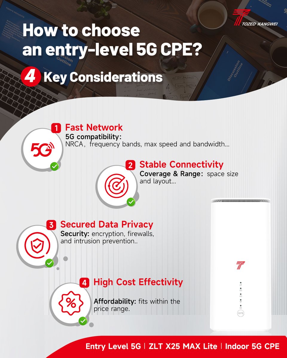 🤔What considerations will you have when choosing an entry-level #5GCPE? Here are 4 tips. If anything else, comment below 👇👇👇

#TozedKangwei #ConnecttoBetterFuture #5G #Connectivity