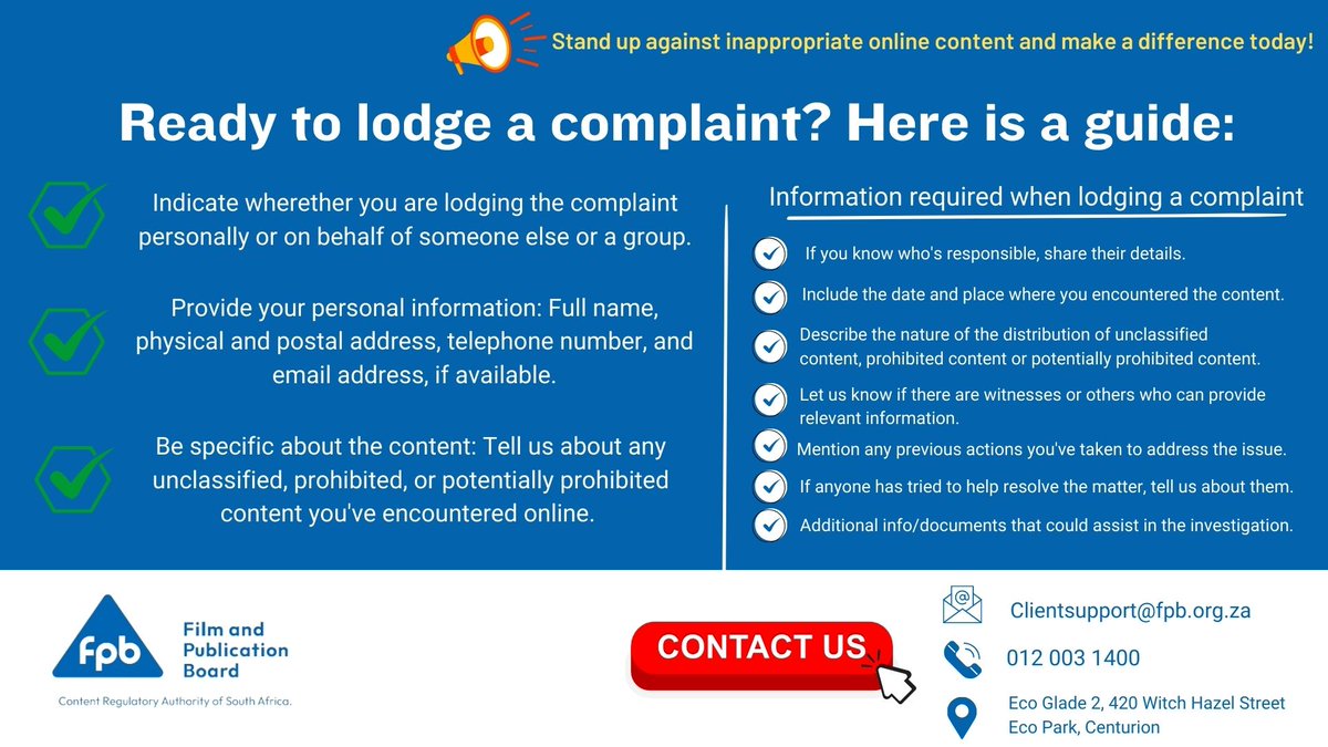 Ready to lodge to complaint with the FPB? Here's a guide to lodging a complaint! Stand up against inappropriate online content and make a difference today! #fpbcomplaints #MakeADifference #OnlineSafety #takeactionnow #contactusnow #PublicComplaint #SpeakUp #yourvoicematters