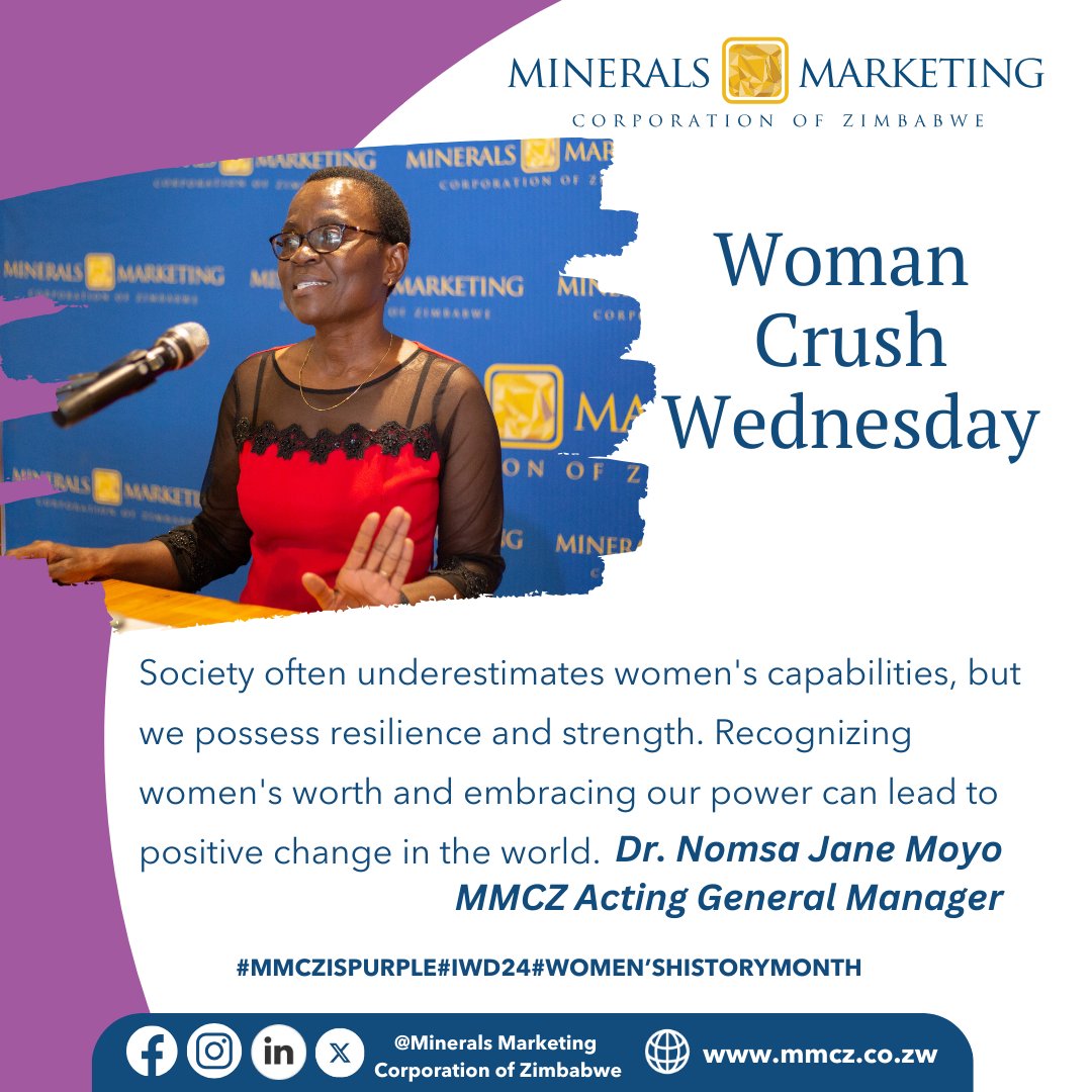 MineralsMarket1's tweet photo. Our last #WCW for #WomensHistoryMonth is #MMCZ Acting General Manager, Dr. Nomsa Jane Moyo. It's been truly remarkable to look at women inspiring inclusion in the mining sector.
#MMCZIsPurple
#WomeninminingZW https://t.co/TlhZsJR5z1