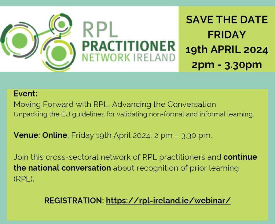 very much looking forward to @rpl_network webinar on 19 April and continuing the RPL conversation with RPL cross-sectoral stakeholders and speakers. Register @ rpl-ireland.ie/webinar Great preparation for the upcoming @VPLBiennale @andrinaeuropa @QQI_connect @ddenieffe