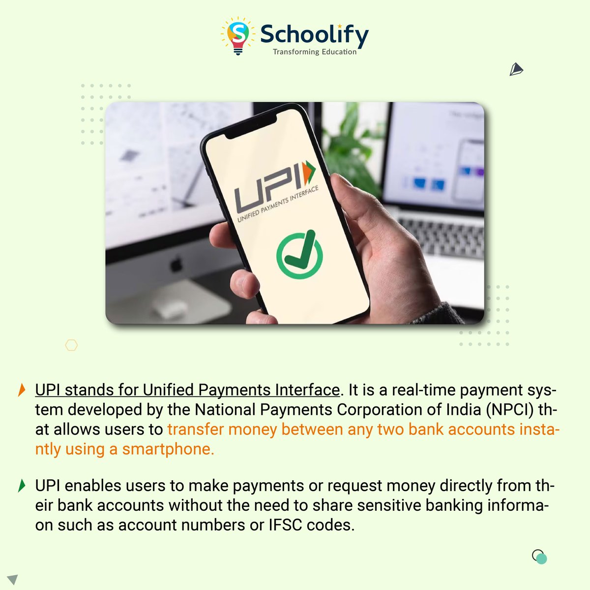 Schoolify_'s tweet photo. What is UPI?

#upi #unifiedpayment #onlinepayment #schoolify #TransformingEducation https://t.co/7CJmO0OSXx