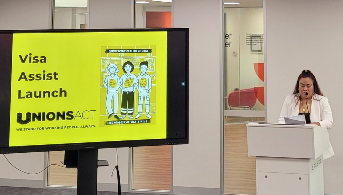 NTEUACT's tweet photo. We're proud to be at the ACT launch of #VisaAssist, helping union members to work &amp; live in Australia with safety &amp; dignity. ✊️ @UnionsACT @unionsnsw @IARCAustralia https://t.co/Riagqqkjgi
