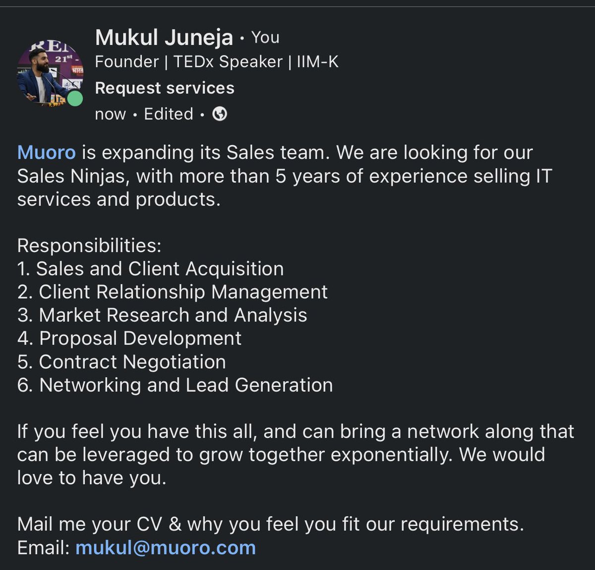 #Hiring for #salesExpert. We are looking for someone with prior experience in IT industry and can bring a network along.

#jobAlert #sales #salesjob
