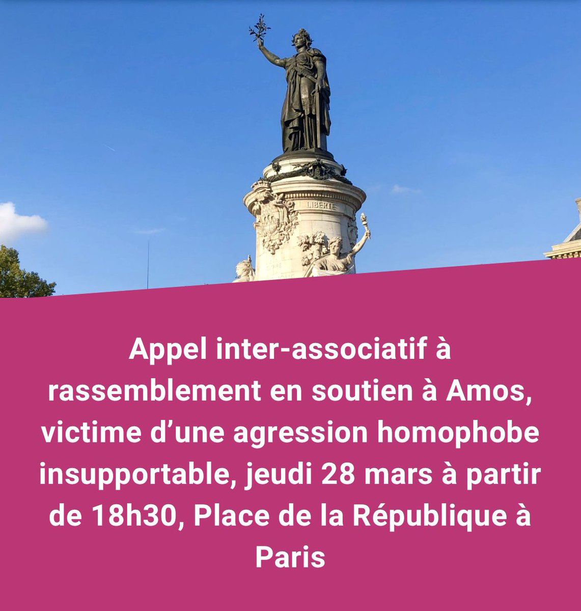 🔴 #RASSEMBLEMENT - Avec le @CentreLGBTParis @FederationLGBTI @_stophomophobie @HES_France, nous appelons à un rassemblement en soutien à #Amos, demain jeudi 28 mars à partir de 18h30, Place de la République, à Paris. Lire l’appel et les revendications ➡️sos-homophobie.org/nos-articles/a…