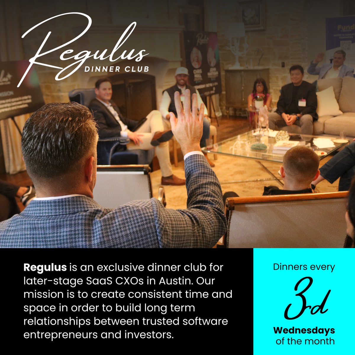 Step into the celestial realm of Regulus: where SaaS CXOs in Austin unite under starlit skies.  Join our exclusive dinner club, forging bonds between visionary entrepreneurs and investors. 🚀
.
.
.
#RegulusDinnerClub #SaaS #AustinTech #TechLuminaries
#CosmicConnections