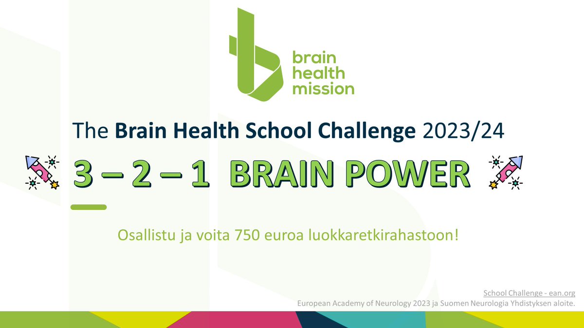🧠Aivoterveys-kouluhaaste <a href="/SuomenNeuro/">Suomen Neurologinen Yhdistys</a> <a href="/EANeurology/">European Academy of Neurology</a>

💎Suunnitelkaa luokkana 15.4. mennessä idea/strategia, kuinka voisitte vakuuttaa toiset nuoret huolehtimaan aivoterveydestään.

Lisää tietoa ▶️ean.org/brain-health-m…
#koulu #oppiminen 

#codedtoconnect <a href="/NeurocenterFI/">NeurocenterFI</a>