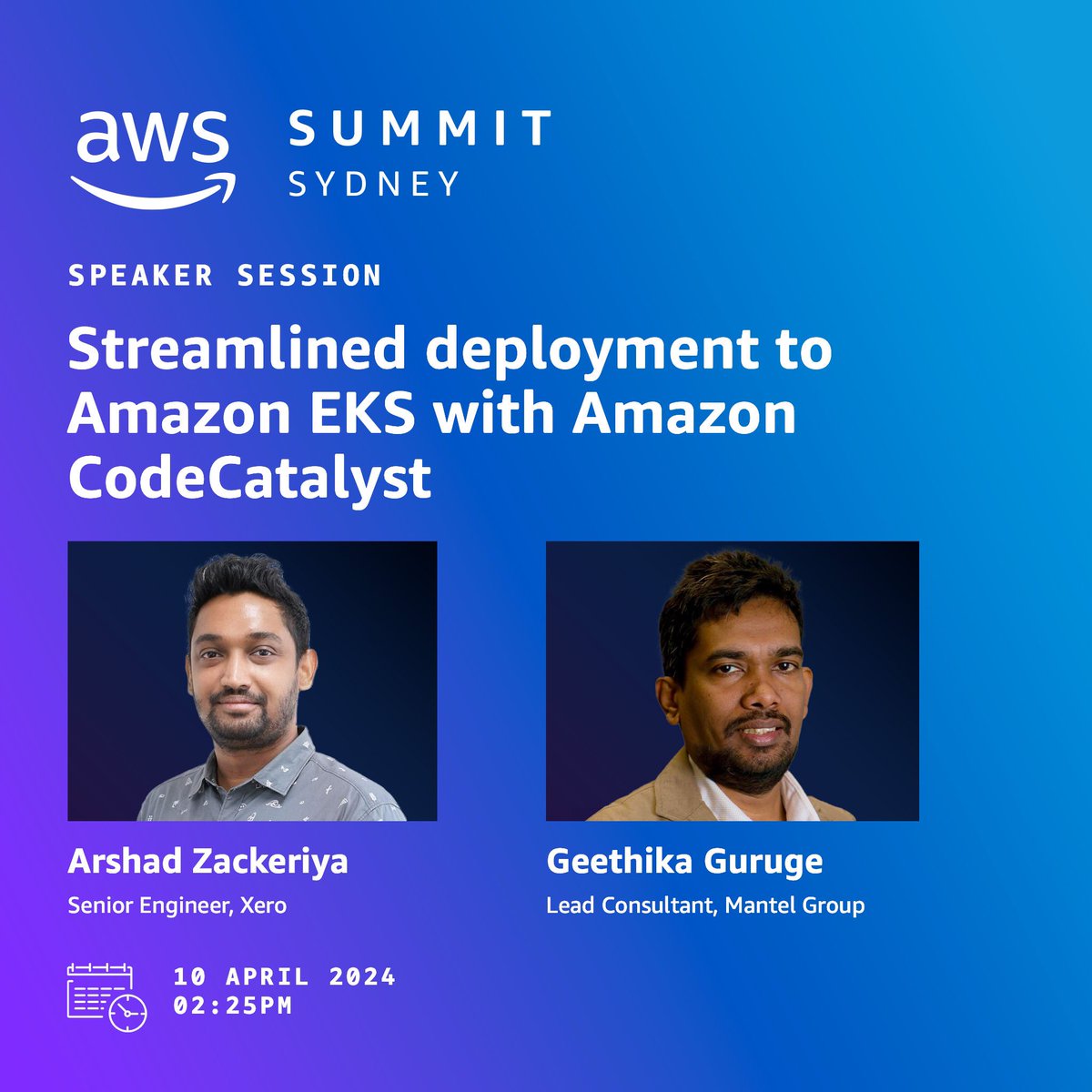 I'm super excited about the upcoming AWS Summit Sydney where I'll be teaming up with Geethika Guruge for an awesome session! “Streamlined deployment to Amazon EKS with Amazon CodeCatalyst” Learn more : aws.amazon.com/events/summits… #awssummitsydney #awscommunitbuilders