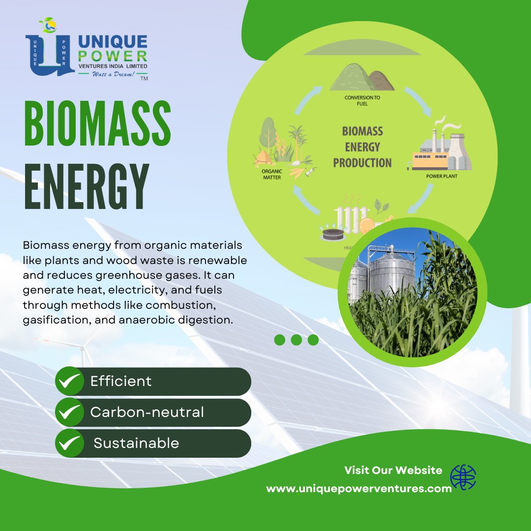 Powering the planet sustainably with biomass energy: turning plants and wood waste into a renewable, carbon-neutral energy source while reducing greenhouse gases. #BiomassEnergy #RenewablePower #SustainableLiving #GreenEnergy #ReduceGHG #Solarpanel #UPVIL