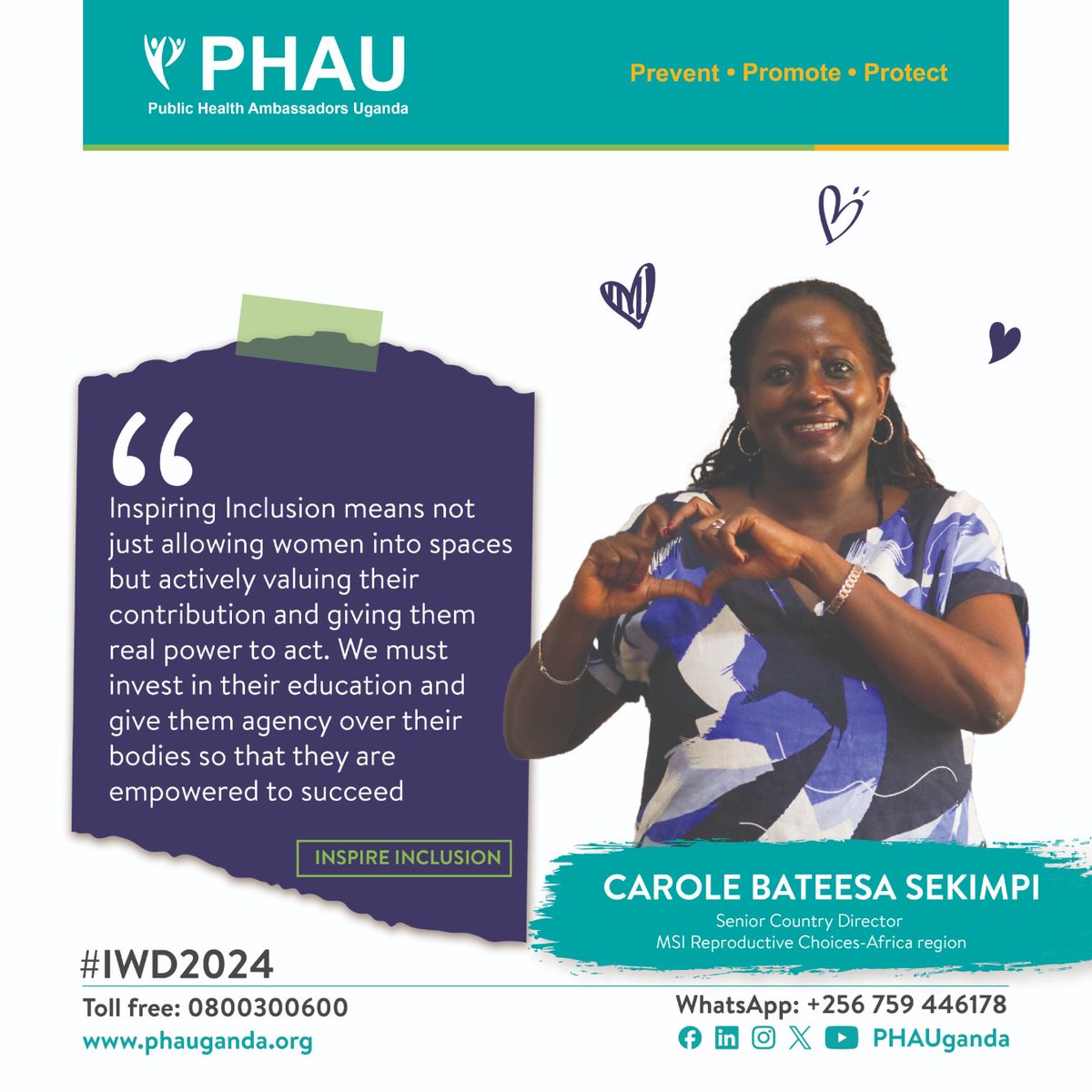 As we crown off Women's Month, our Board Chair @CSekimpi shares a powerful message of empowerment and inspiring inclusion. Let's carry the spirit of equality and empowerment forward every day! #PHAUCARES #WomensMonth #IWD2024 #InspireInclusion