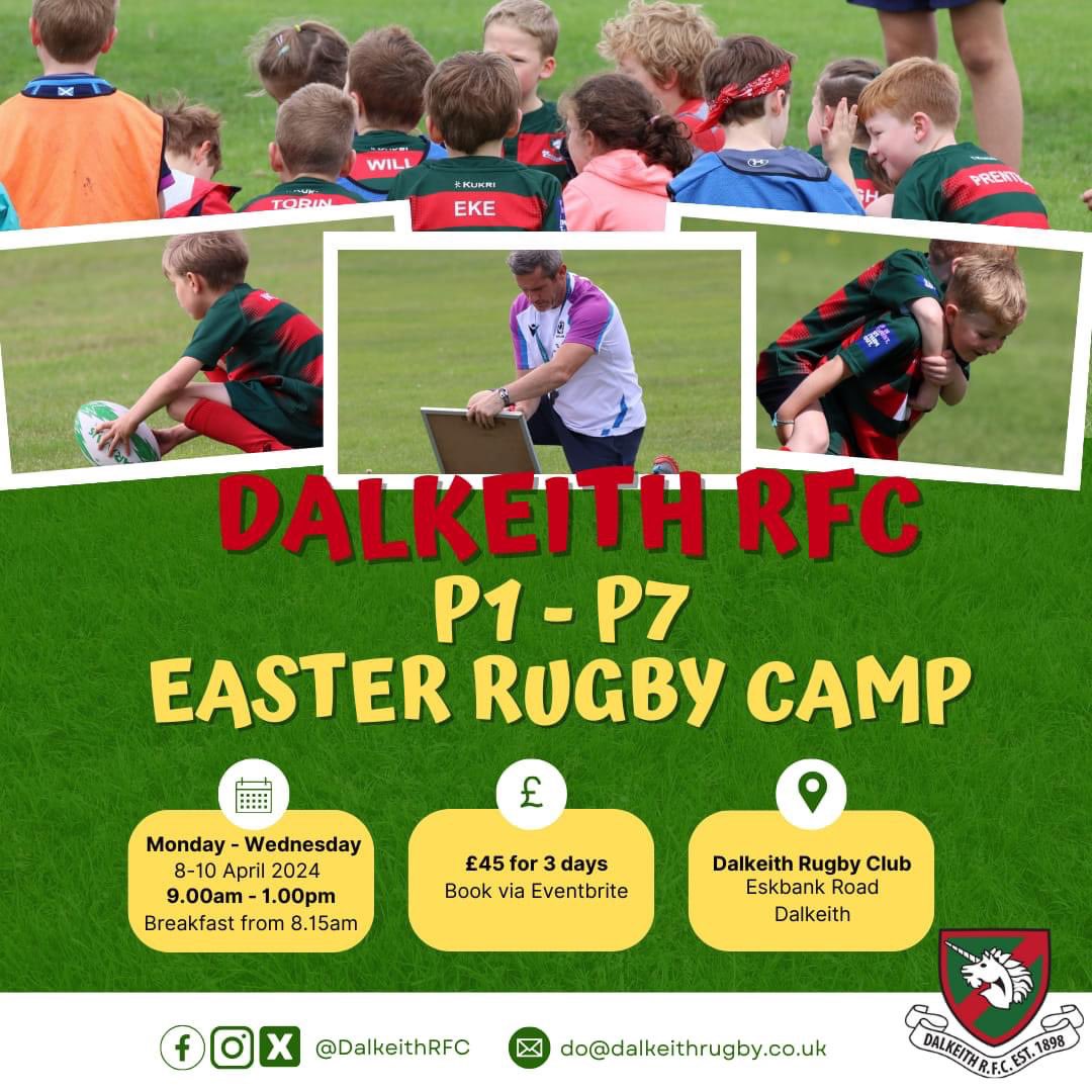 P1 - P7 Easter Camp 🐇🐣 There's still time to get booked in for this year's Easter Camp The cost is £45 for all 3 days, and can be booked via Eventbrite 👇 eventbrite.com/e/dalkeith-rug… Breakfast is included and available from 8:15