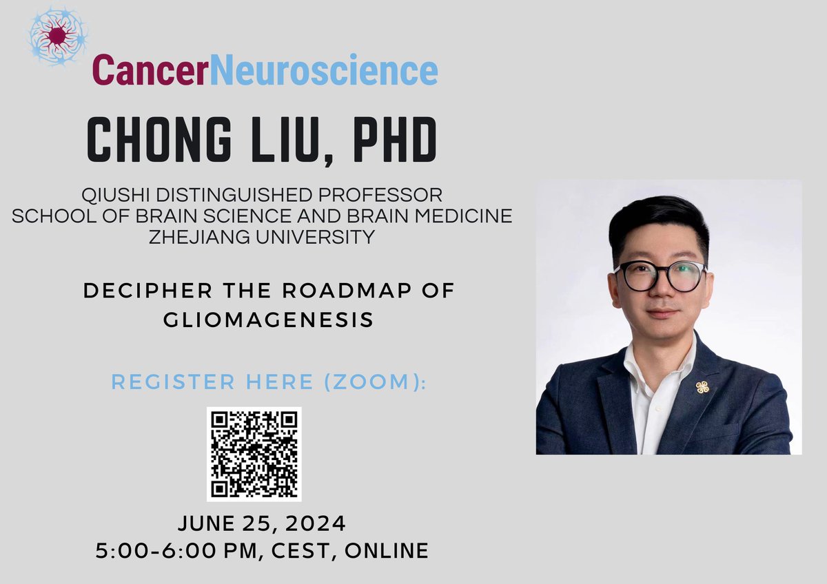 On June 25, Chong Liu will give a #CancerNeuroscience virtual talk on deciphering the roadmap of gliomagenesis. Don't miss this exciting talk, register here: us06web.zoom.us/meeting/regist…!