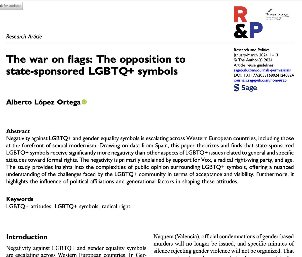New paper: Why, as Western European countries grow more tolerant of LGBTQ+ rights, do we see an increase in attacks on LGBTQ+ flags? In my paper, I explain and provide evidence of hostility against state-sponsored symbolism in 🇪🇸: journals.sagepub.com/doi/epub/10.11…