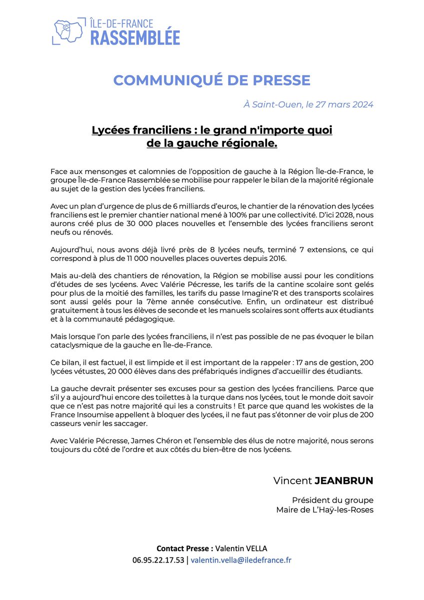 IDF_Rassemblee's tweet photo. Retrouvez notre communiqué de presse :
🔴 Lycées franciliens : Le grand n’importe quoi de la gauche régionale. #LyceesIDF ⤵️ https://t.co/4Z6oj327Ok