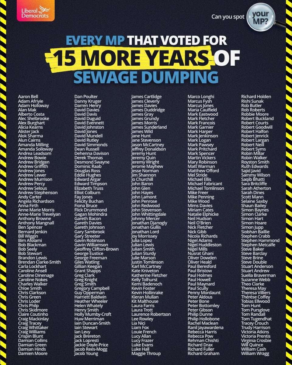 Carol Vorderman (@carolvorders) on Twitter photo Here's the list of <a href="/Conservatives/">Conservatives</a> MPs who voted for 15 more years of sewage dumping.....
You voting for them again? Here's the list of <a href="/Conservatives/">Conservatives</a> MPs who voted for 15 more years of sewage dumping.....
You voting for them again?