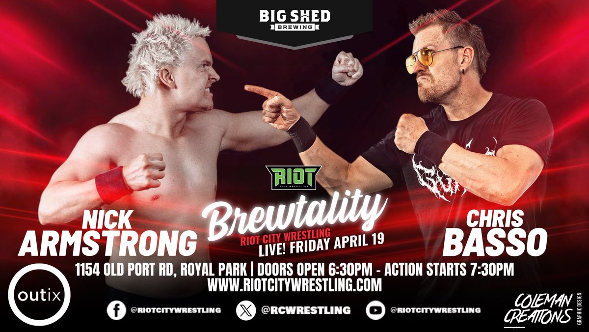 .@NickArmstronger takes on @WorldClassCbass at #RCWBrewtality LIVE from @bigshedbeer 🍻 🎫 outix.co/tickets/event/… 🗓️ Friday, April 19th ⏰ Doors open 6:30pm | Event starts from 7:30pm 📍 1154 Old Port Rd, Royal Park