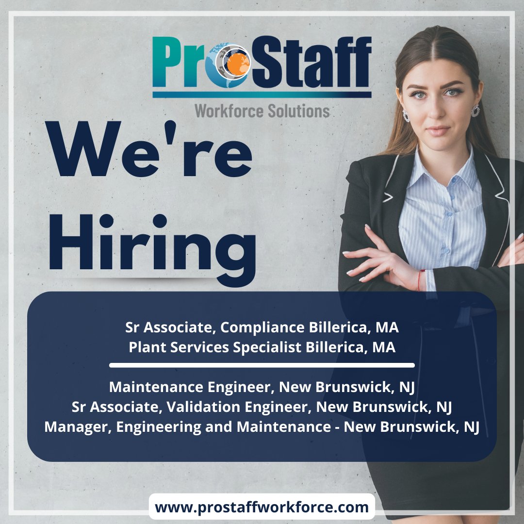 We're Hiring! Check out these open positions in MA & NJ!

APPLY NOW! Go to: prostaffworkforce.com/job-openings/

#engeneeringjobs #compliance # #newbrunswicknj #billericama #newjob #careers #njjobs #staffing #recruiting #prostaff