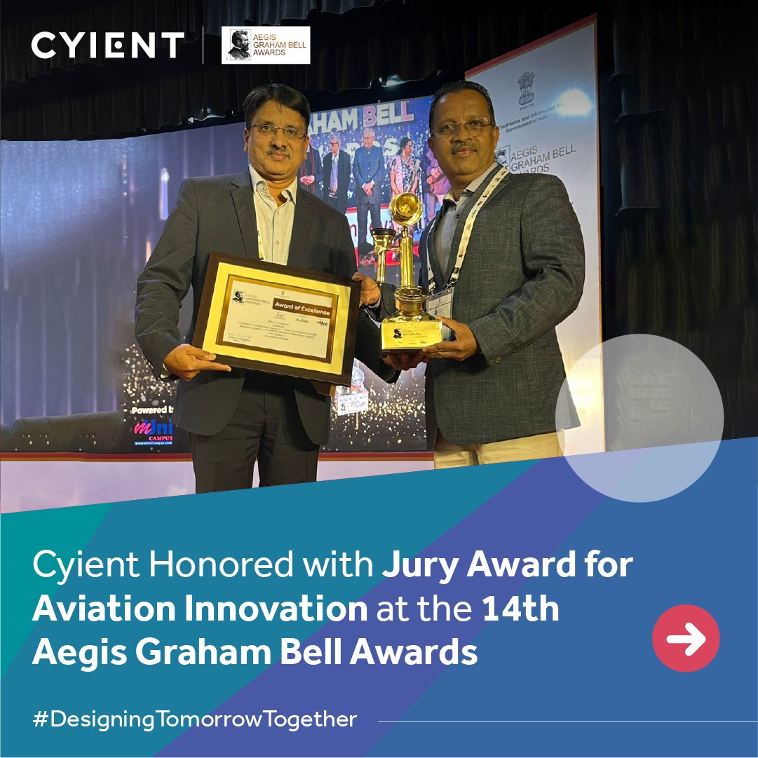 Cyient's tweet photo. @Cyient has been honored with the #JuryAward at the 14th Aegis Graham Bell Awards. Representing Cyient, Bharath and Sanjiv accepted the award, reflecting our commitment to delivering #engineeringsolutions. We thank our #Cyientists who drive us forward.
#InnovationInAviation https://t.co/0BSiYCqadg