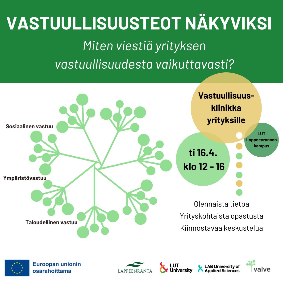 Yrittäjä - tervetuloa kuulemaan käytännön vinkkejä aiheesta yrityksen #vastuullisuusviestintä!
🕛 16.4. klo 12–15.45
🏢 LUT-yliopisto, Lappeenrannan kampus
👉 Ilmoittaudu ke 9.4. mennessä: bit.ly/4arGynz

#LABfinland #LUT #lappeenranta #VALVE #vastuullisuus #yritysvastuu