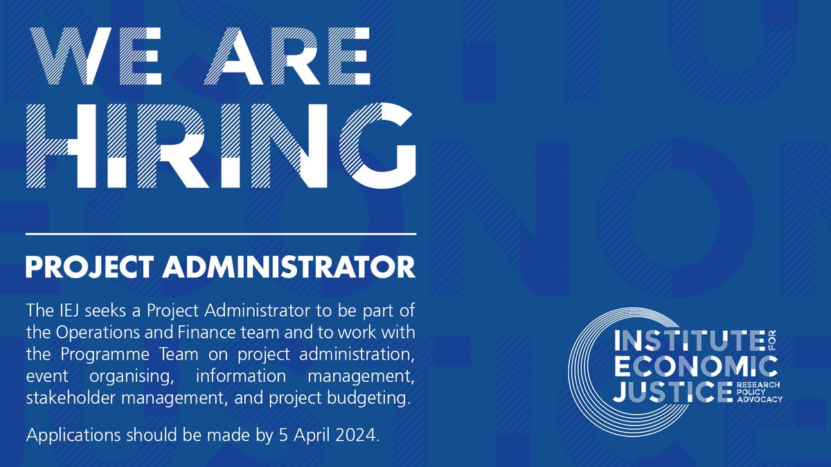 JOIN OUR TEAM | We are looking for a Project Administrator to work with us, & our project teams in particular, on project administration, event organising, information management, stakeholder management, & project budgeting. You can apply here 👉🏾 iej.org.za/jobs/project-a…