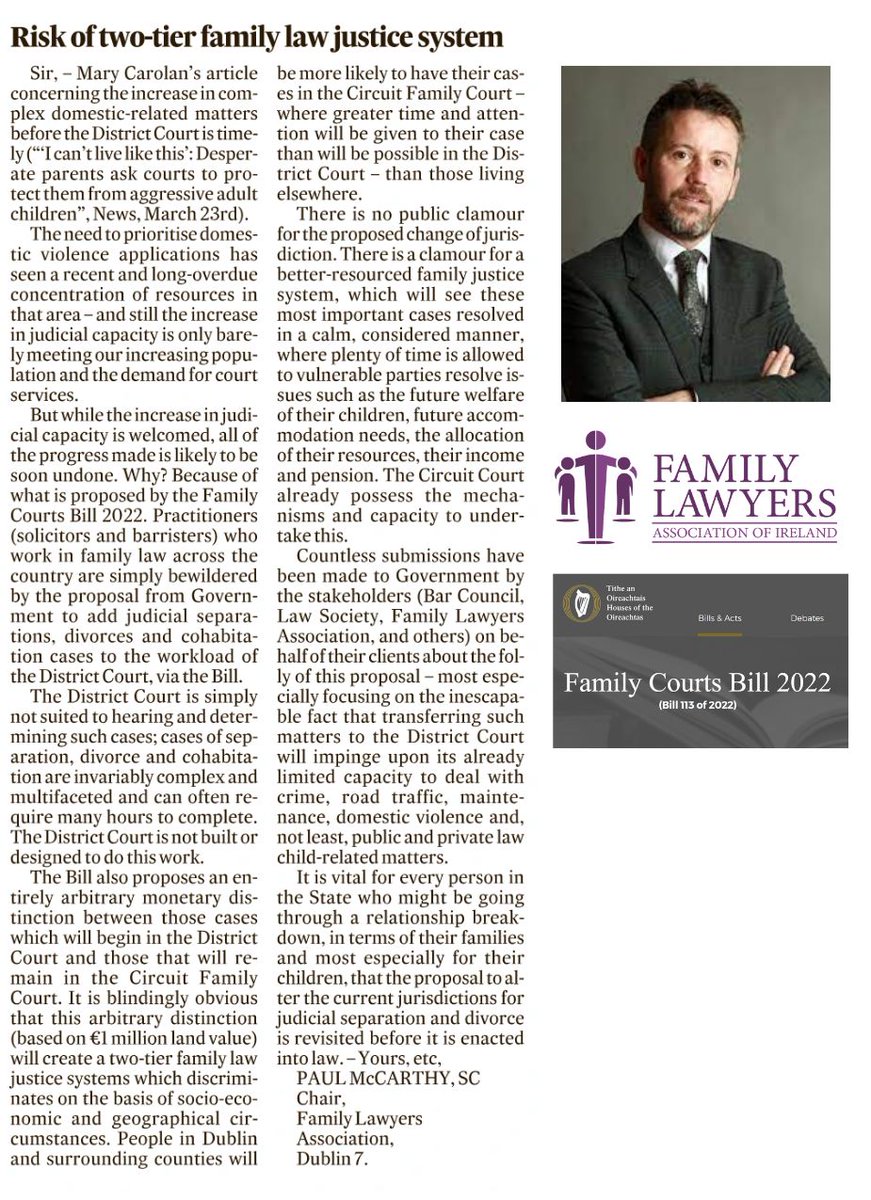 Serious access to justice concerns if proposal to transfer divorce cases to already overcrowded District Courts in Ireland goes ahead, Paul McCarthy SC writing in today's Irish Times highlights the risk of creating a two-tier family law justice system, family lawyers are are…