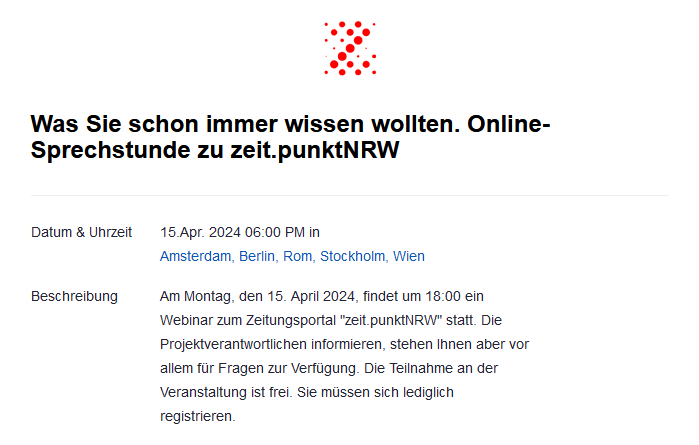 Ihr wollt wissen, wie das Zeitungsportal 'zeitpunkt.NRW' funktioniert? Dort recherchiert Ihr u.a. in allen bis 1945 erschienenen Zeitungen aus #Münster! Am Montag, den 15. April 2024, findet um 18:00 ein Webinar dazu statt. Registriert Euch hier lwl-org.zoom.us/webinar/regist…