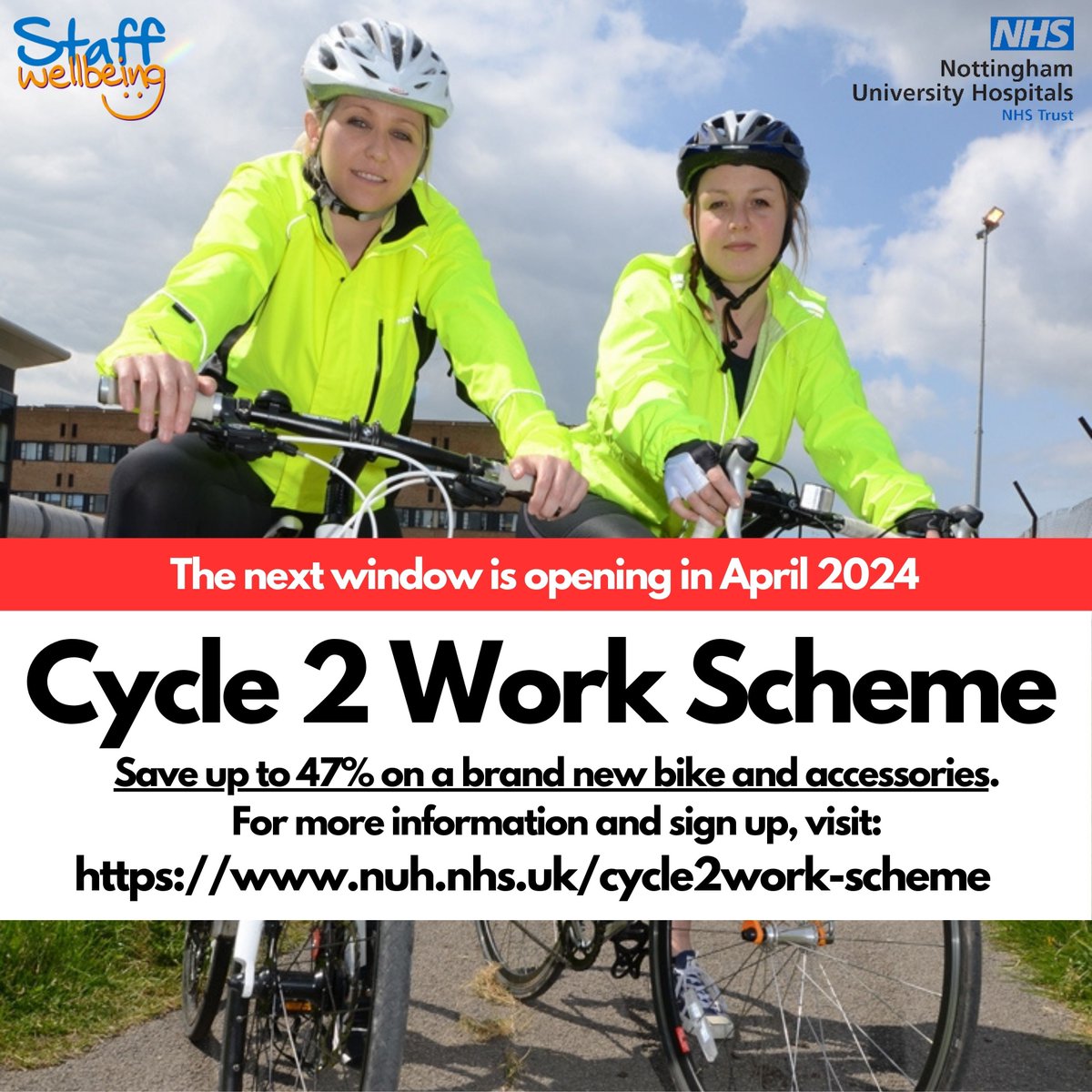 Our next Cycle2Work window will open soon! Considering cycling to work or upgrading your bike? You can get a new bike and accessories up to £2000 in the scheme, repaying through your salary. Contact us at cycle2work@nuh.nhs.uk for more info.