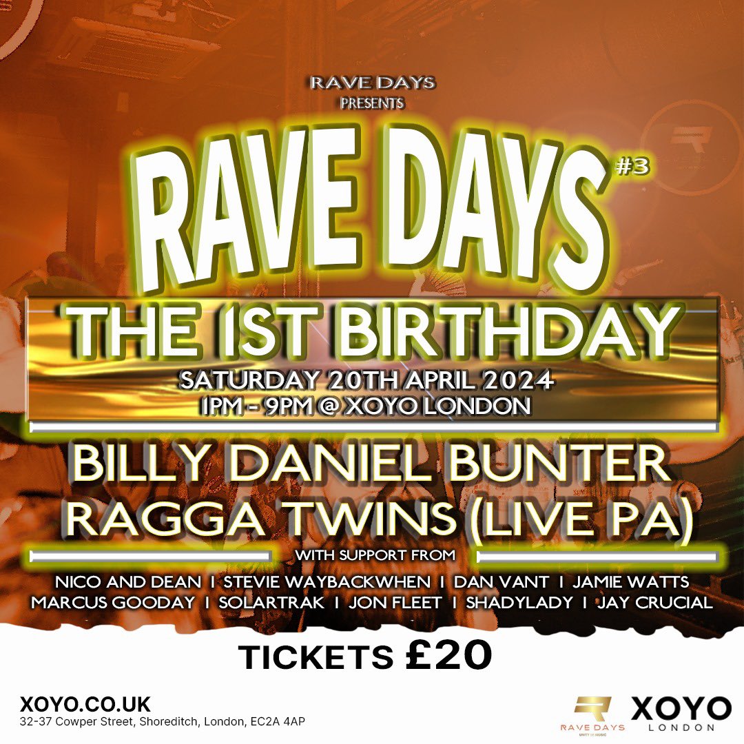 One for the old school massive ... Rave Days ... 20th April <a href="/XOYO_London/">XOYO</a>