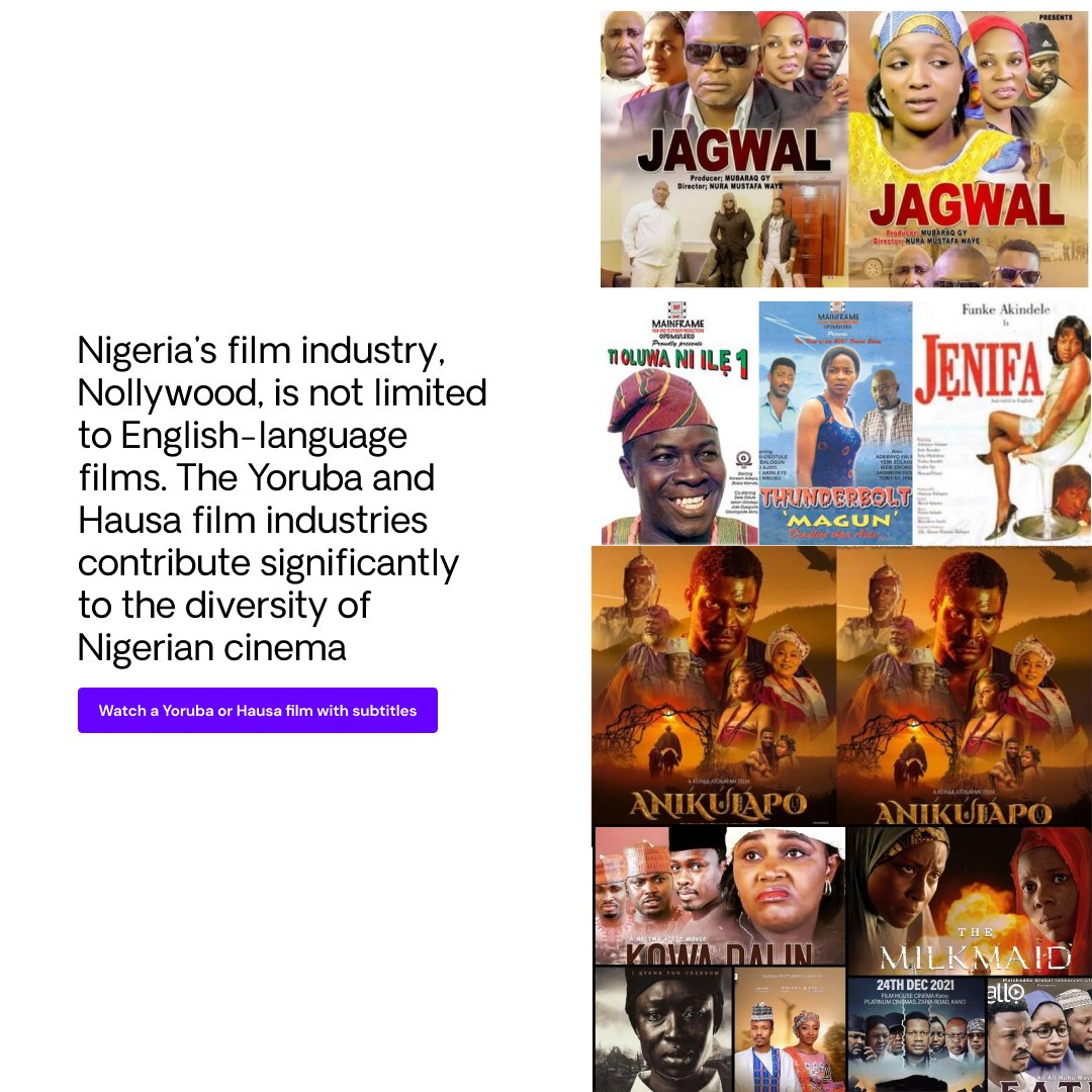 Did You Know: Nigeria's film industry, Nollywood, is not limited to English-language films. The Yoruba and Hausa film industries contribute significantly to the diversity of Nigerian cinema.