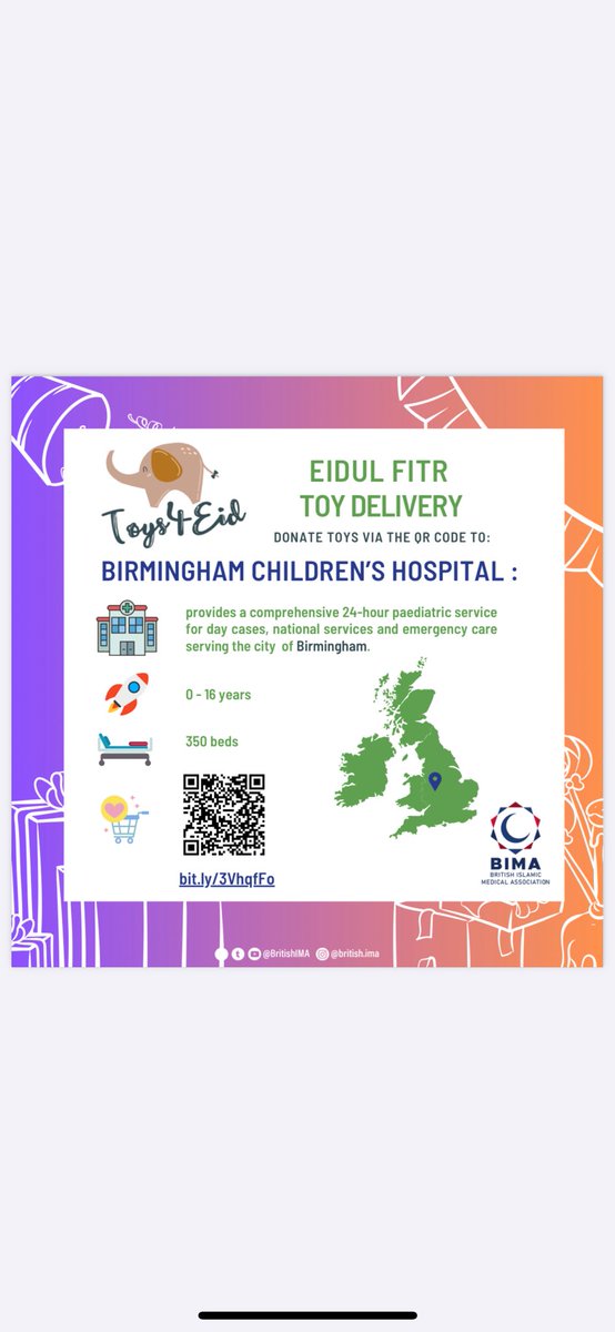 ⁩ 🤩Toys4Eid IS BACK!🥳 🌙 Help donate toys for all paediatric inpatients at ⁦@Bham_Childrens⁩ this Eid- we’re aiming for 250 toys! ✅ Visit the Amazon wishlist- link/QR code below to buy the toy for donations 🔗 bit.ly/Toys4Eid24 Please spread the word!