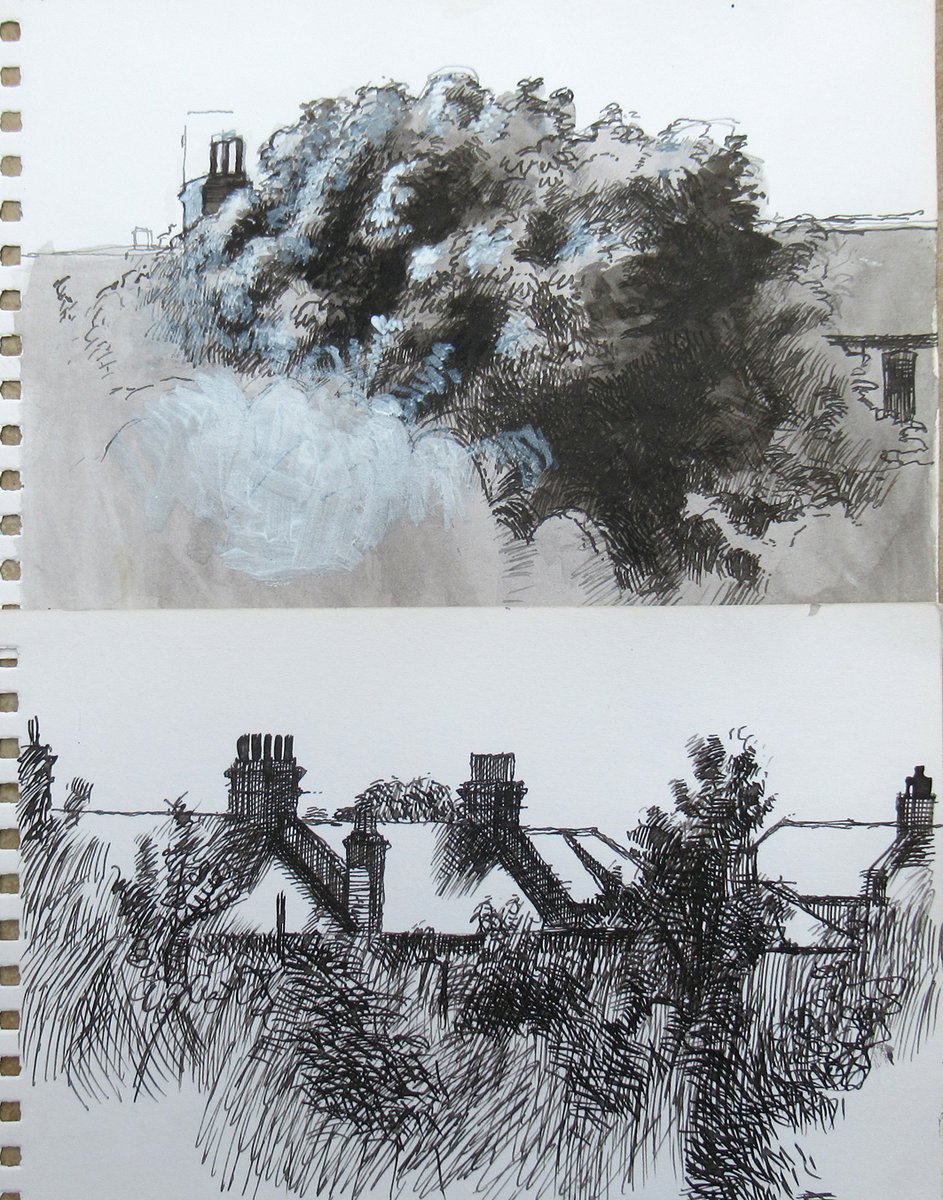 Sketchbook pages Rooftops and trees #art #ArtistOnX #ArtistOnTwitter #artist #artista #sketch #sketchbook #sketches #rooftops #trees  #contemporaryart #contemporary #drawingart #UrbanLife #suburbs #gardens